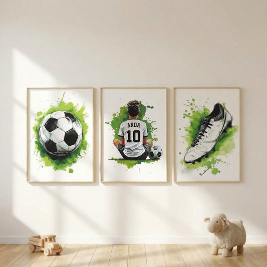 Kişiye Özel Yeşil Futbol Temalı 3'lü Çocuk Odası Tablo Seti - No: 13