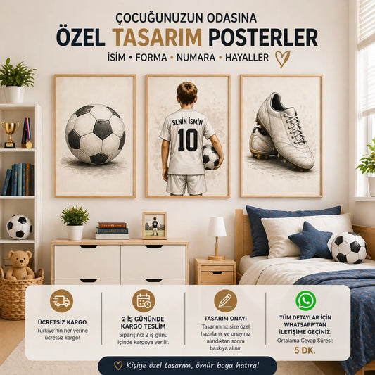 İsme özel futbol 3'lü poster seti çocuk odası görünümü | KidewoArt