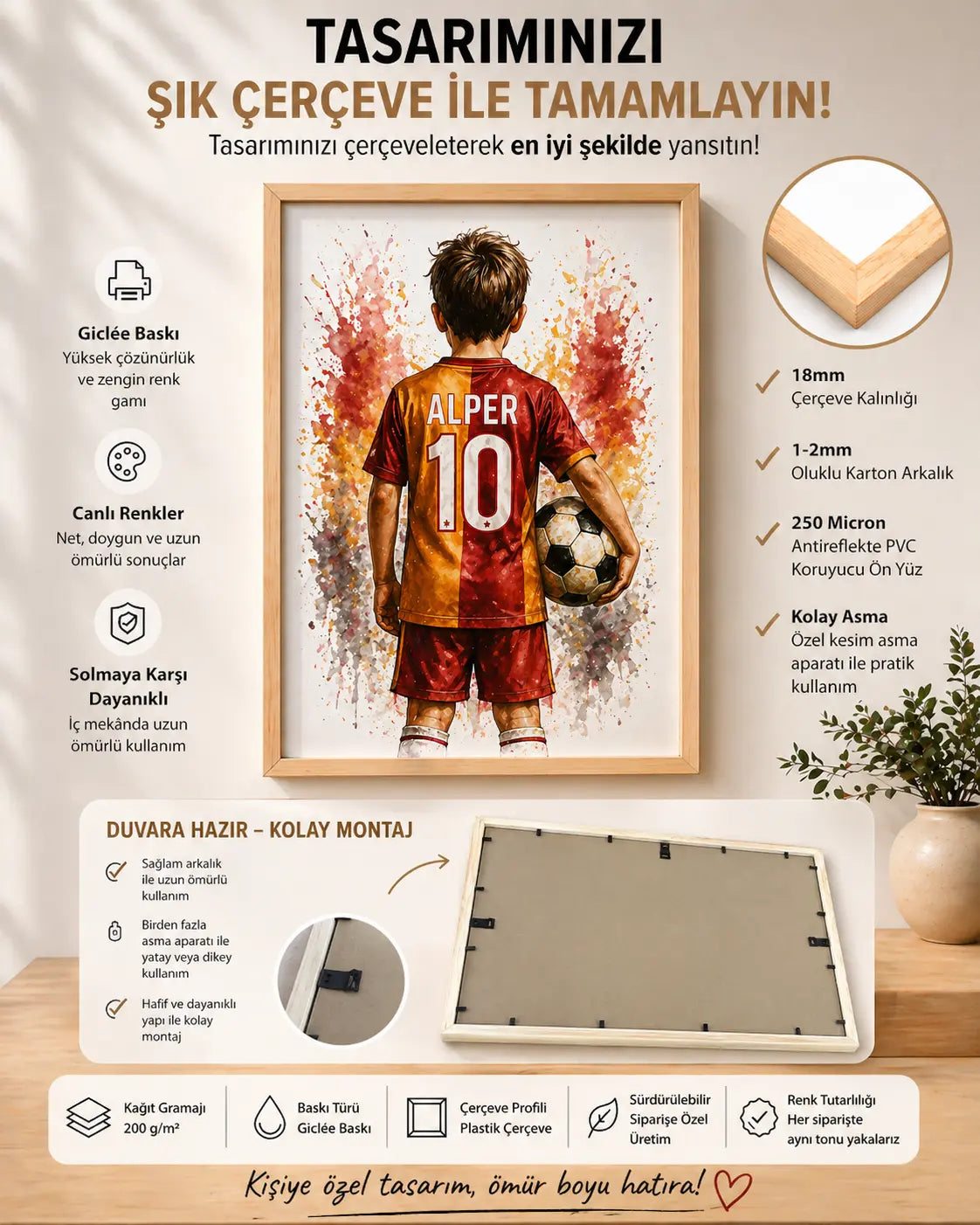 İsme özel futbol posteri Giclée baskı ahşap çerçeve özellikler | KidewoArt