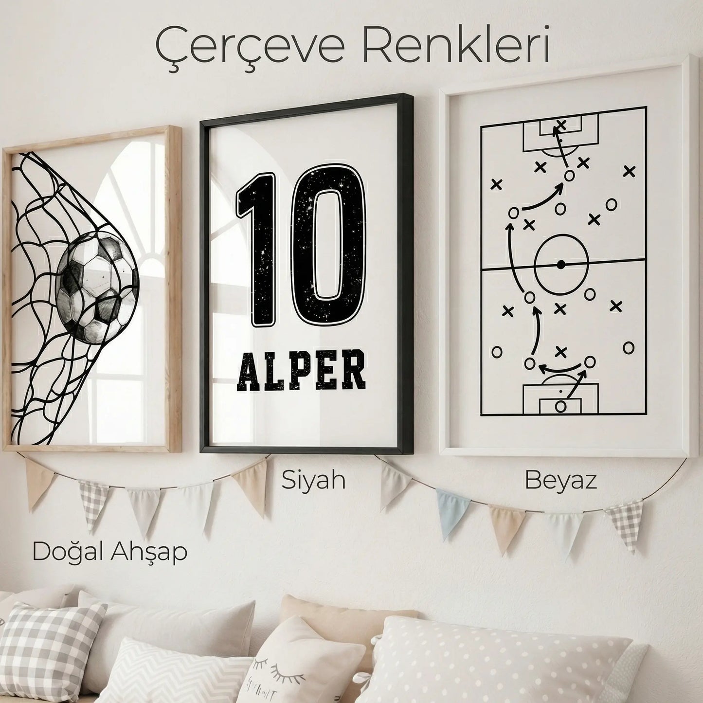 Kişiye Özel Futbol Konseptli 3'lü Çocuk Odası Tablo Seti - No: 16
