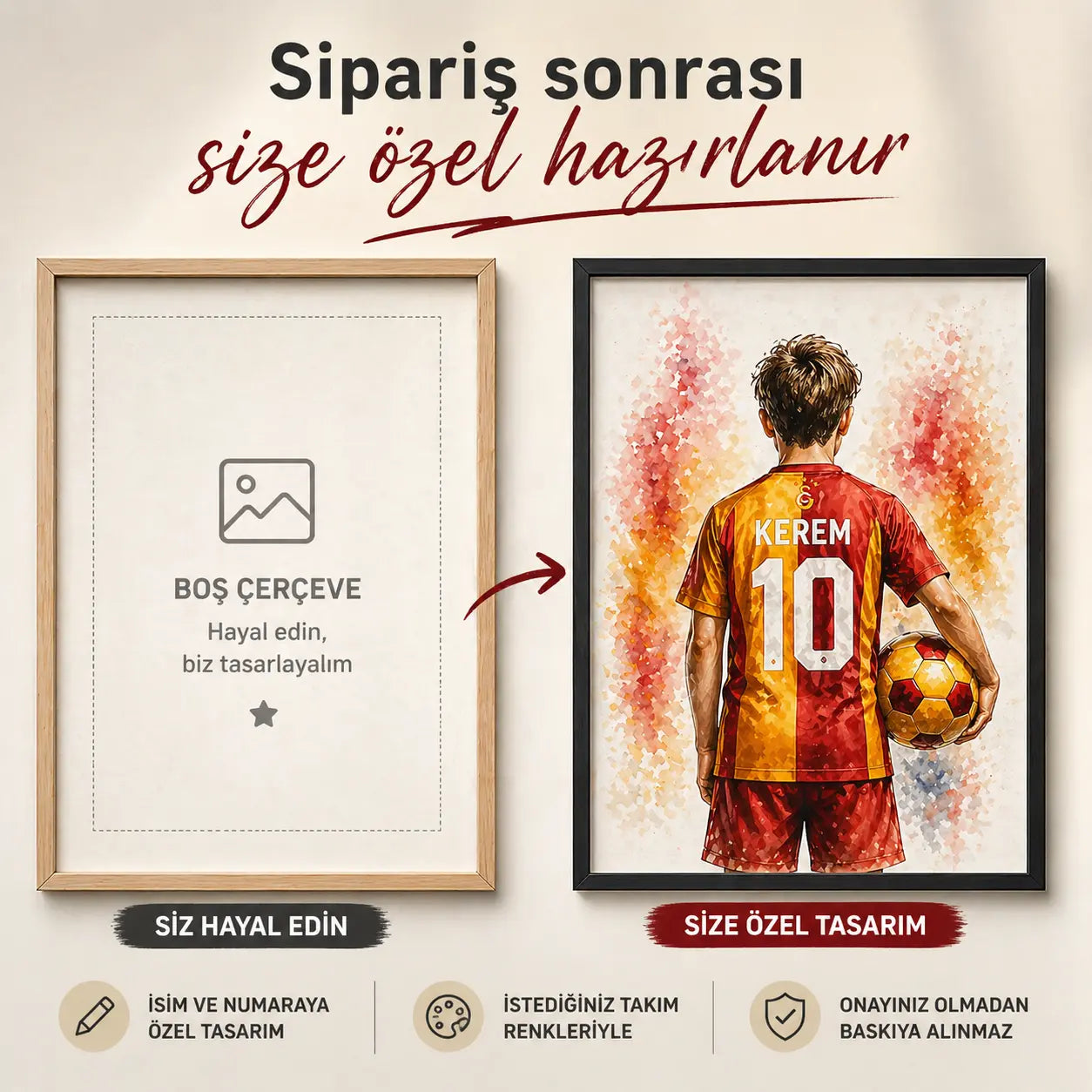 İsme özel futbol posteri Giclée baskı ahşap çerçeve özellikler | KidewoArt