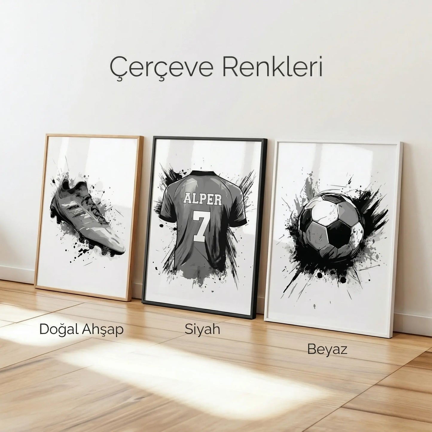 Kişiye Özel Siyah Beyaz Futbol Temalı 3'lü Çocuk Odası Tablo Seti - No: 14