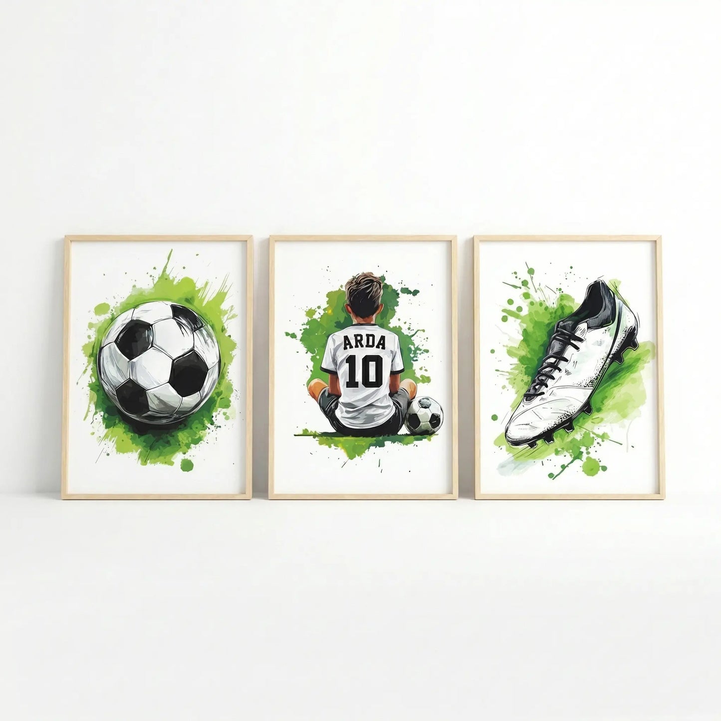 Kişiye Özel Yeşil Futbol Temalı 3'lü Çocuk Odası Tablo Seti - No: 13