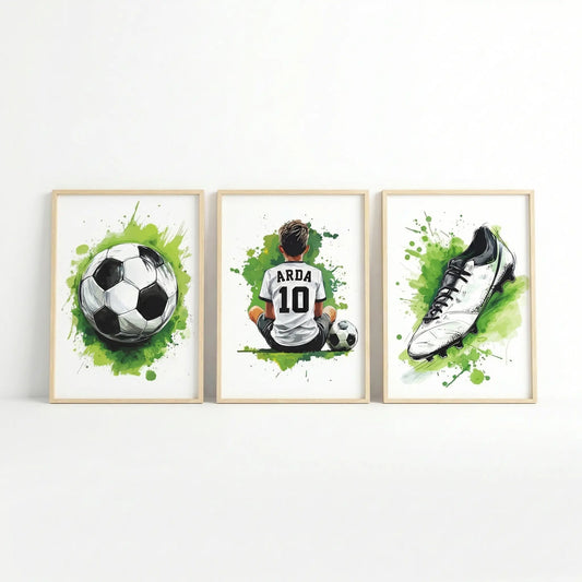 Kişiye Özel Yeşil Futbol Temalı 3'lü Çocuk Odası Tablo Seti - No: 13