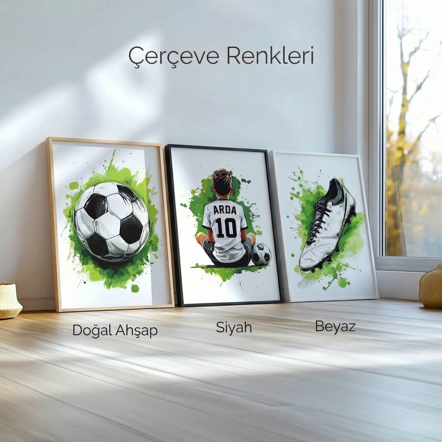 Kişiye Özel Yeşil Futbol Temalı 3'lü Çocuk Odası Tablo Seti - No: 13