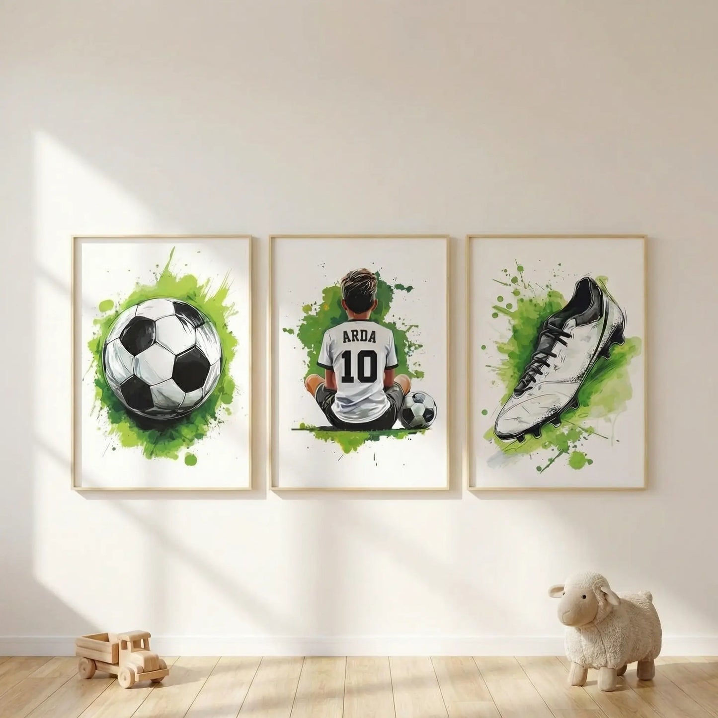 Kişiye Özel Yeşil Futbol Temalı 3'lü Çocuk Odası Tablo Seti - No: 13